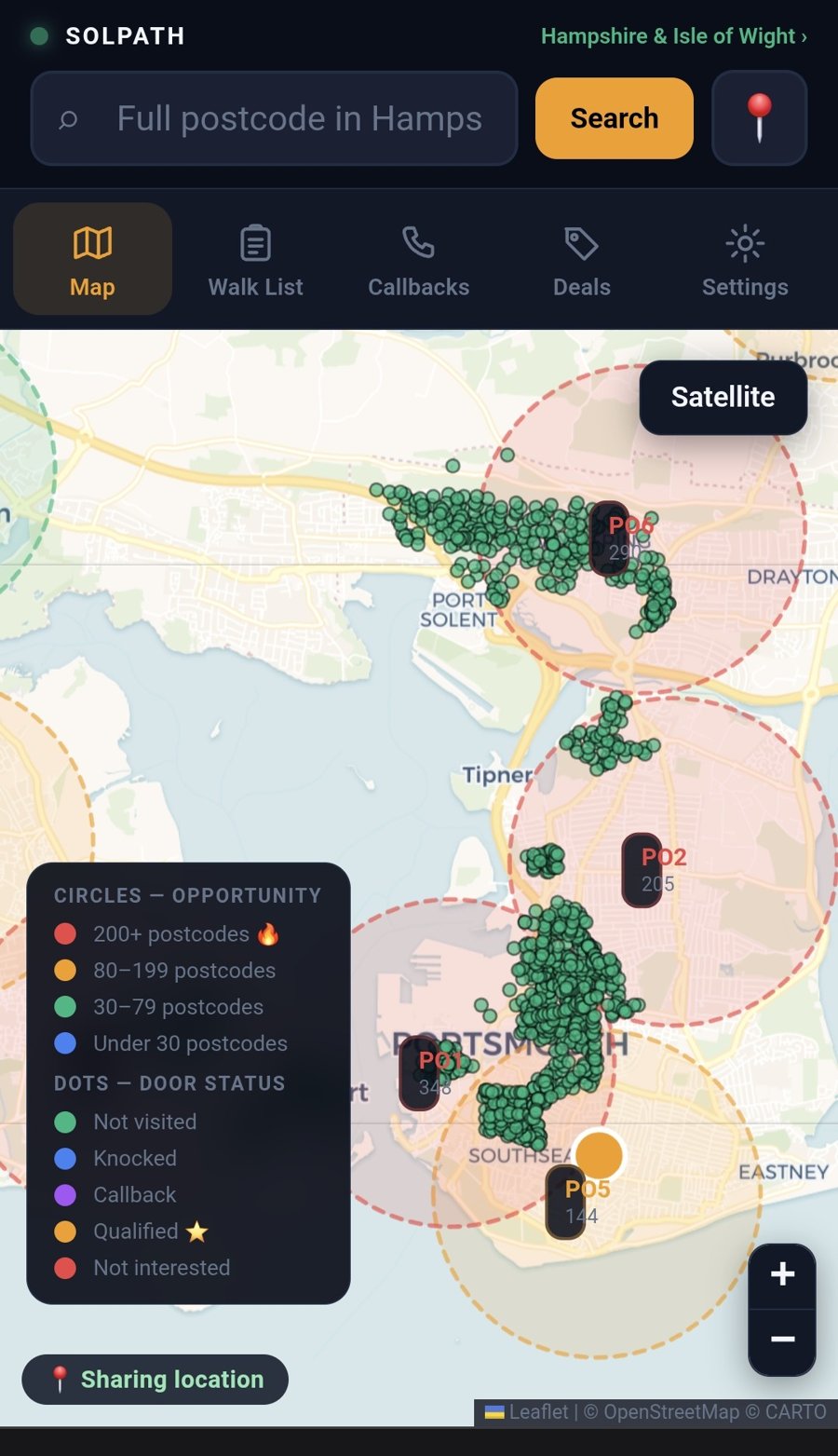 The Solpath field app showing the live Portsmouth territory map — ECO4 and Warm Homes opportunity zones across PO1 to PO6 with eligible-property dots, plus the tidied Map, Walk List, Callbacks, Deals and Settings tab row