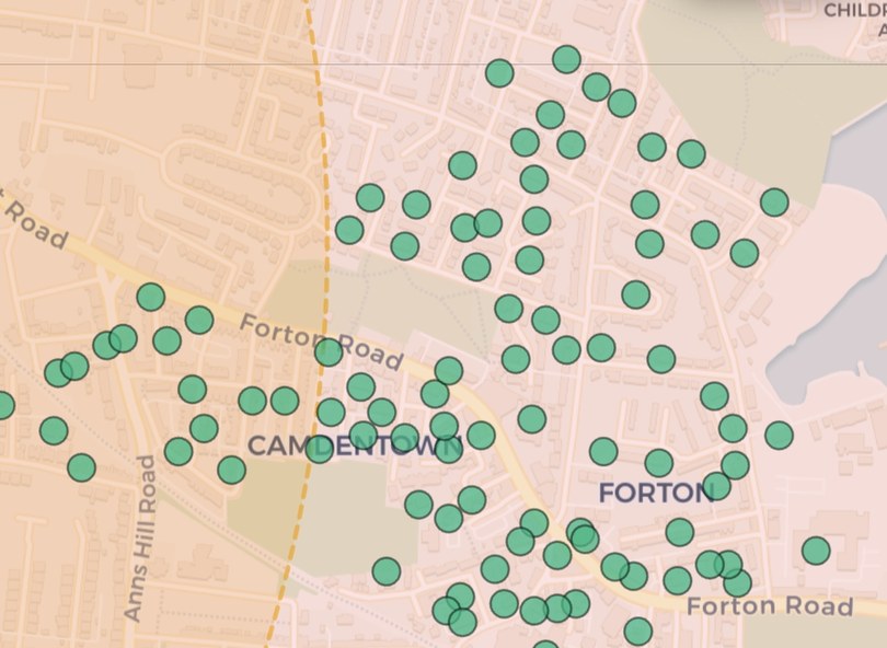 Street-map view of an estate with eligible-property dots